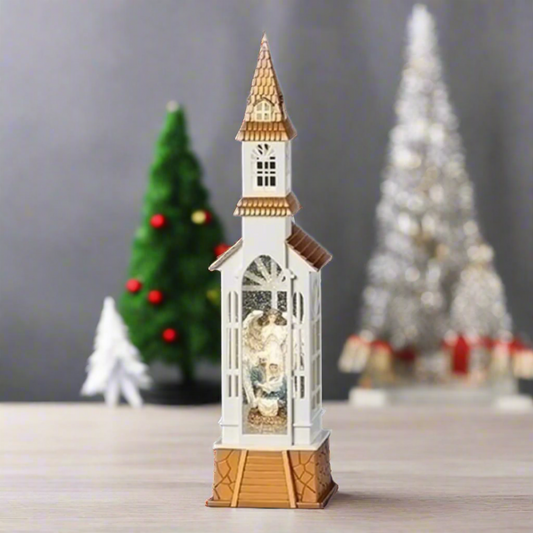 Roman Lighted Swirl Church with Holy Family Nativity Scene, 18-inch Height, Christmas Decoration