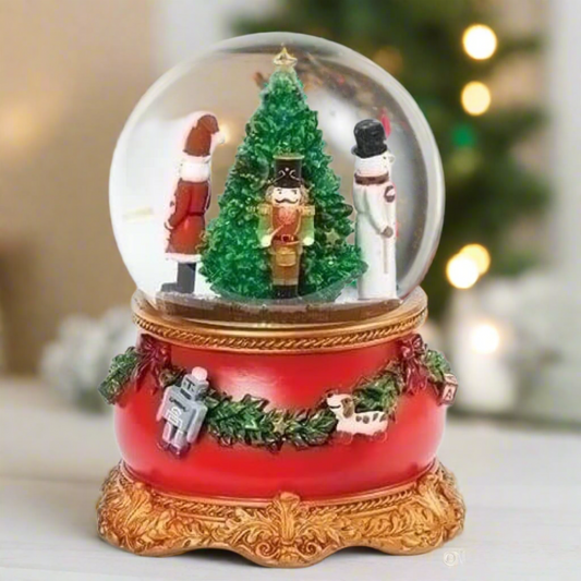 Roman Musical Rotating Christmas Tree and Santa Nutcracker Snowglobe, 100mm, 5-inch Height, Tabletop Decor