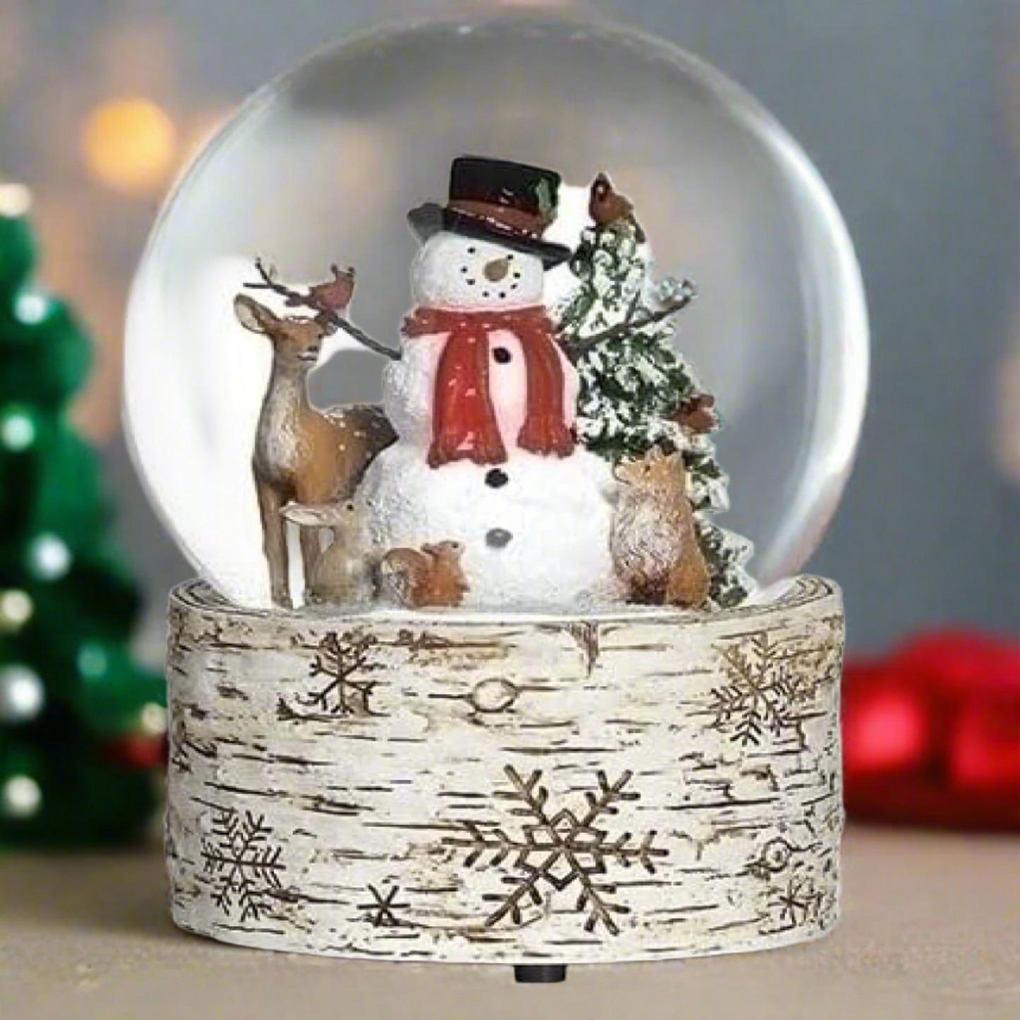 Roman Musical Snowman with Animals Glitterdome, Birch Base, 6.5-inch Height, Christmas Decoration