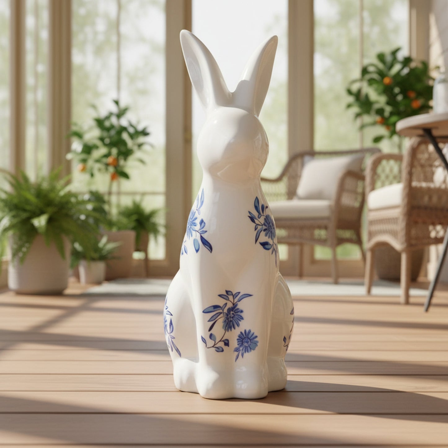 Standing Blue Willow Bunny Figure