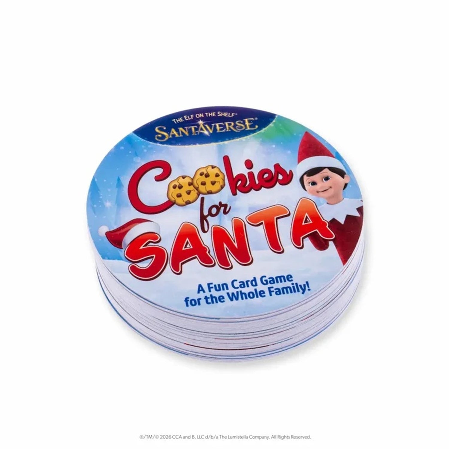 A round stack of Santa-themed card game cards on a white background. The top cover shows the title 'Cookies for Santa' in large red letters, with a blue snowy background, cookie graphics, and an elf character on the right.