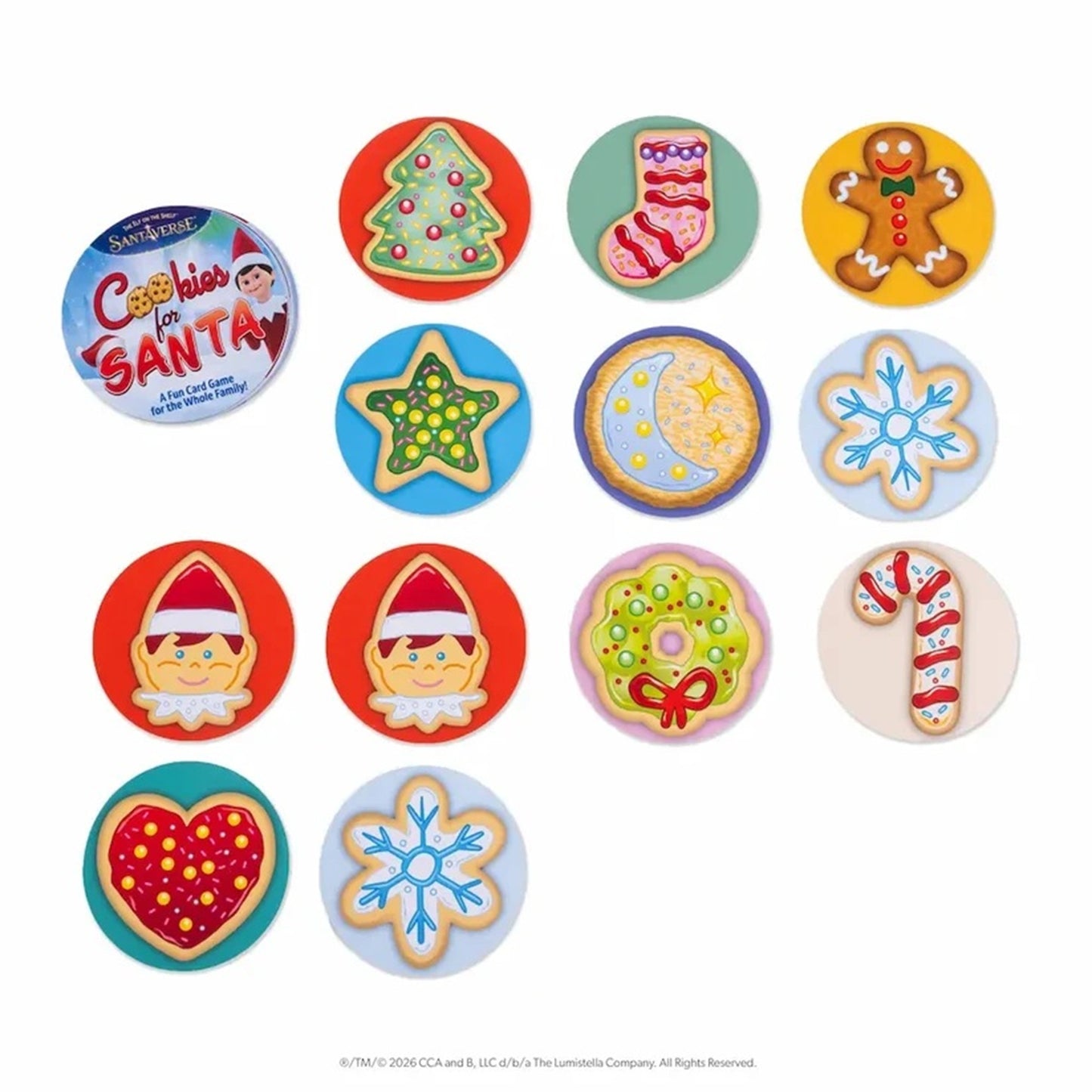 A set of 15 colorful Christmas-themed cookie cutters arranged in a grid on a white background. The set includes a round tin label reading 'Coconut Cookies for Santay' and various shaped cutters for cookies like a Christmas tree, stocking, gingerbread man, elf, candy cane, wreath, and snowflake.