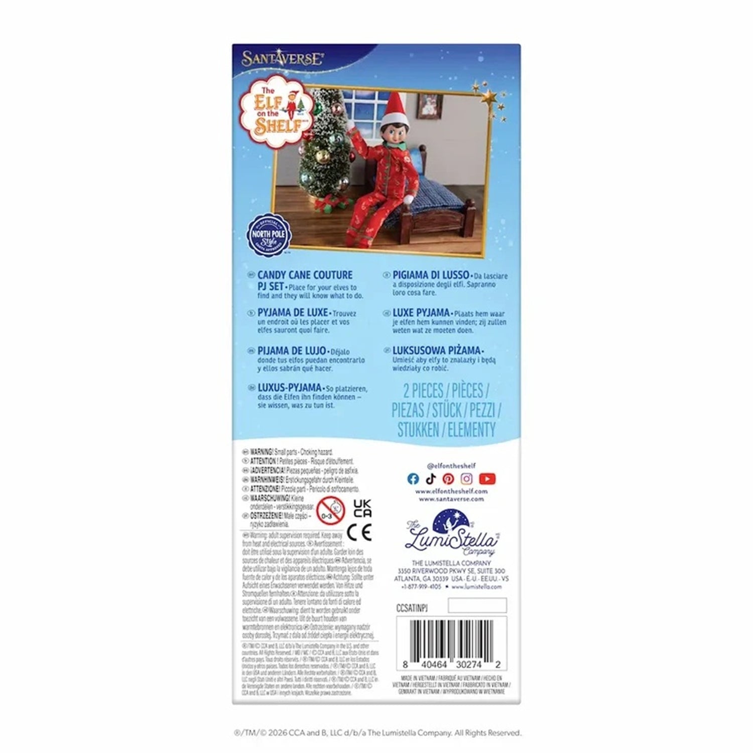 The back of a Santa Fe Ridge 'Elf on a Shelf' product box by La Luminière Company, showing product details, descriptions in English and French, a product photo, and a barcode.