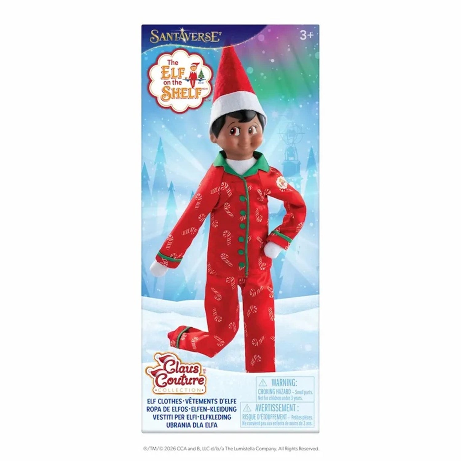 Elf on the Shelf doll in red pajamas with Santa hat packaging