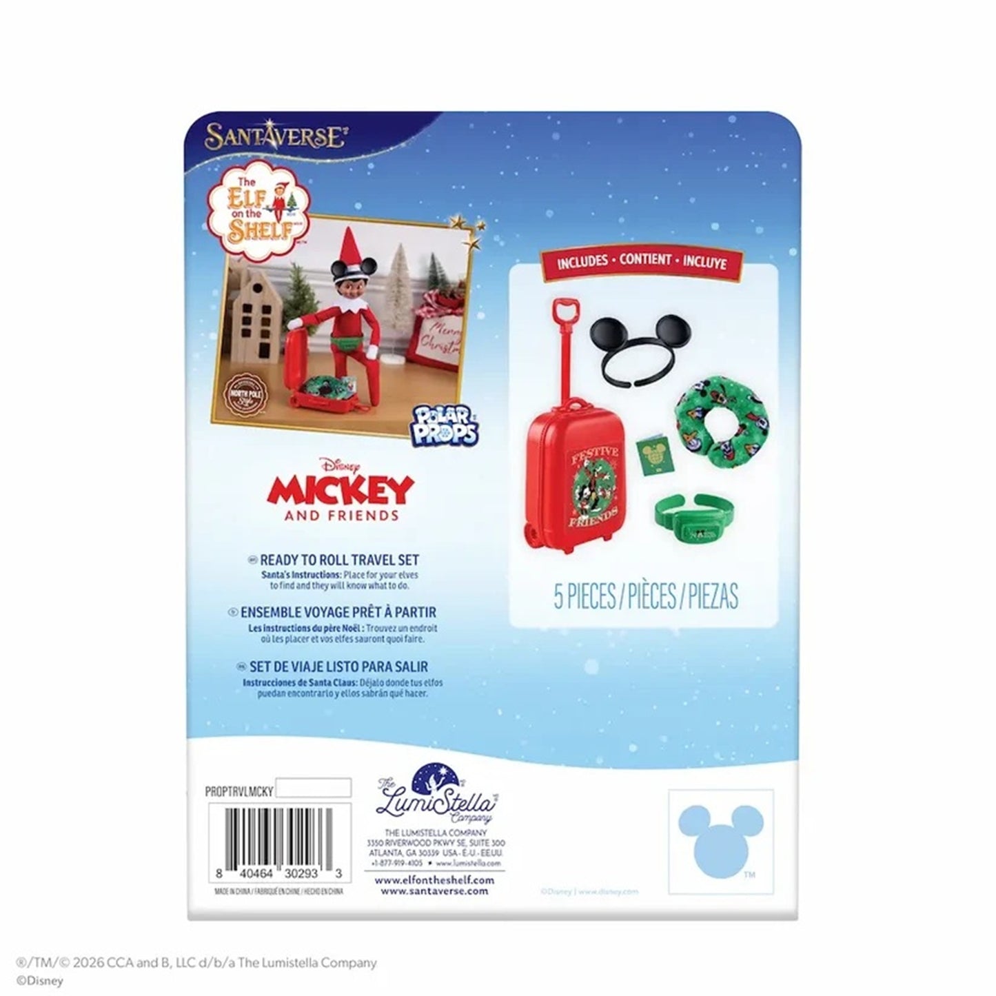 Santa's North Pole Disney Mickey and Friends Ready to Roll Travel Set packaging, showing a 5-piece holiday-themed travel set including a red rolling suitcase, black Mickey ears, green wreath, green hat, and green scarf.
