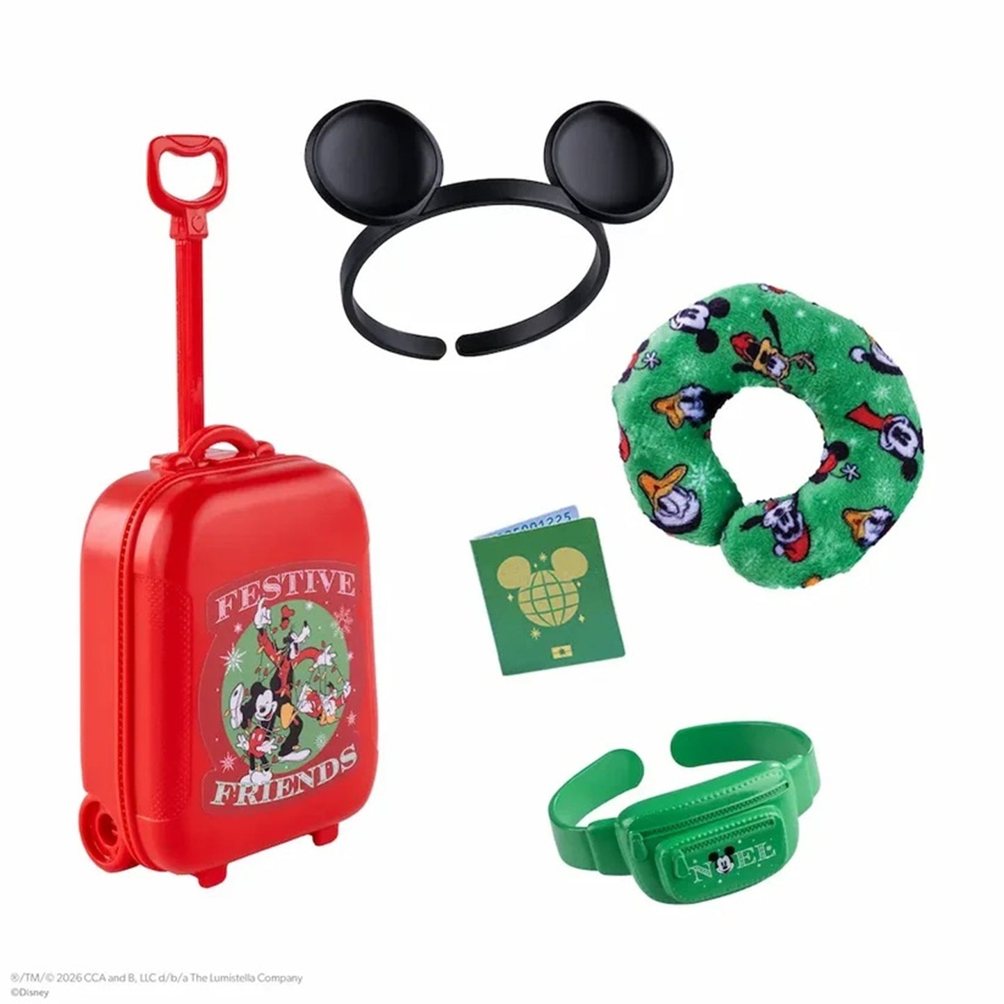 A Disney-themed luggage-themed travel set featuring a red hard-shell suitcase with 'Festive Friends' text, a black mouse-ear headband, a green patterned neck pillow, a green wristlet pouch, and a small green card, all arranged on a white background.