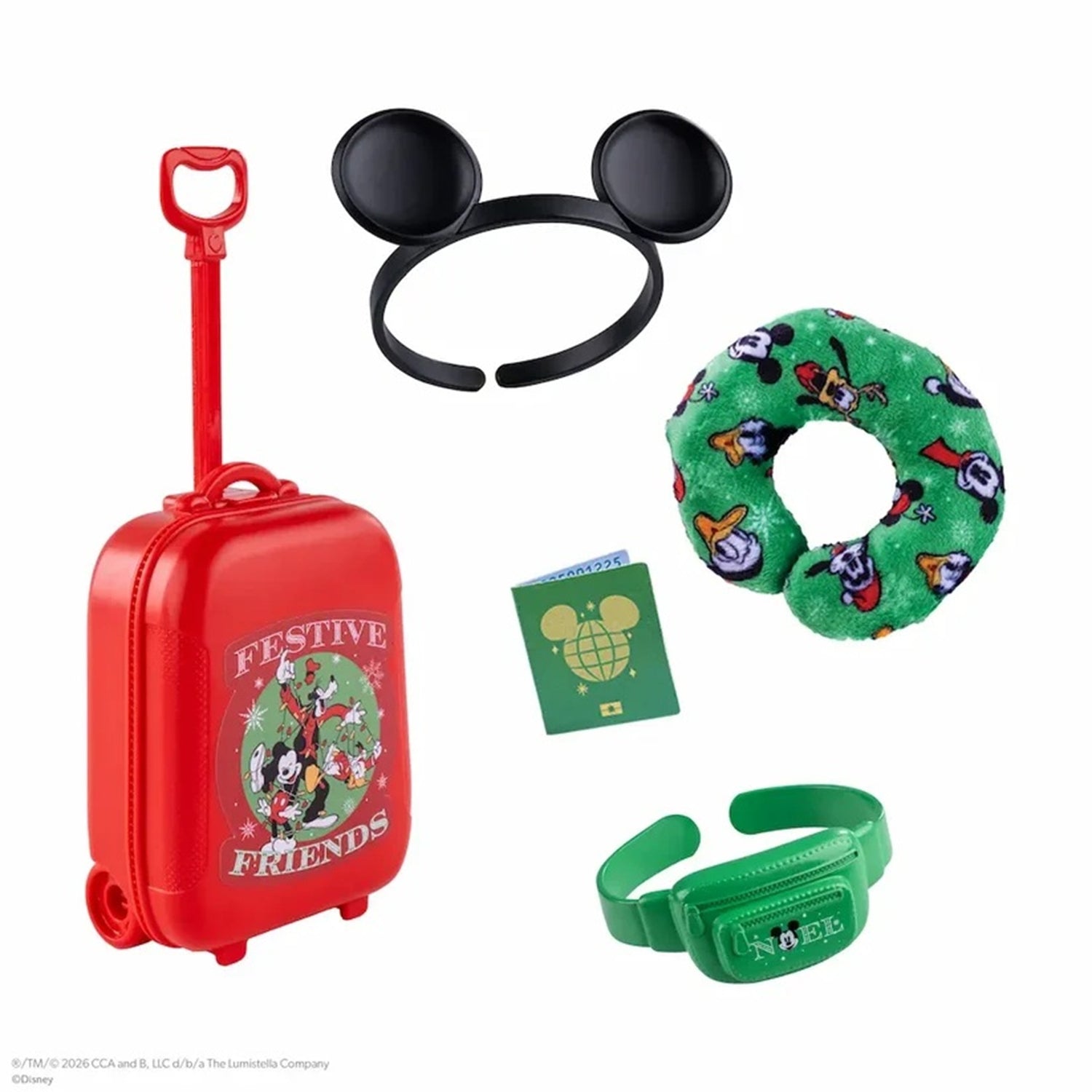 A Disney-themed luggage-themed travel set featuring a red hard-shell suitcase with 'Festive Friends' text, a black mouse-ear headband, a green patterned neck pillow, a green wristlet pouch, and a small green card, all arranged on a white background.