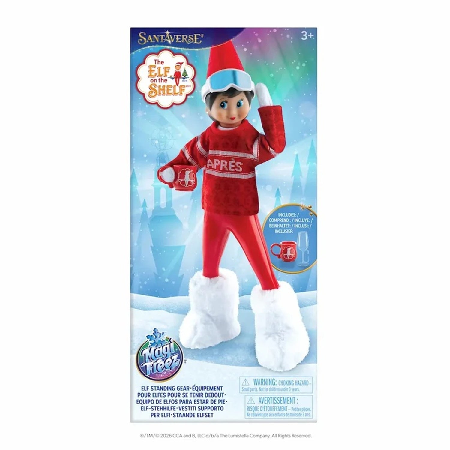 Elf on the Shelf toy packaging with character wearing a red outfit and goggles.
