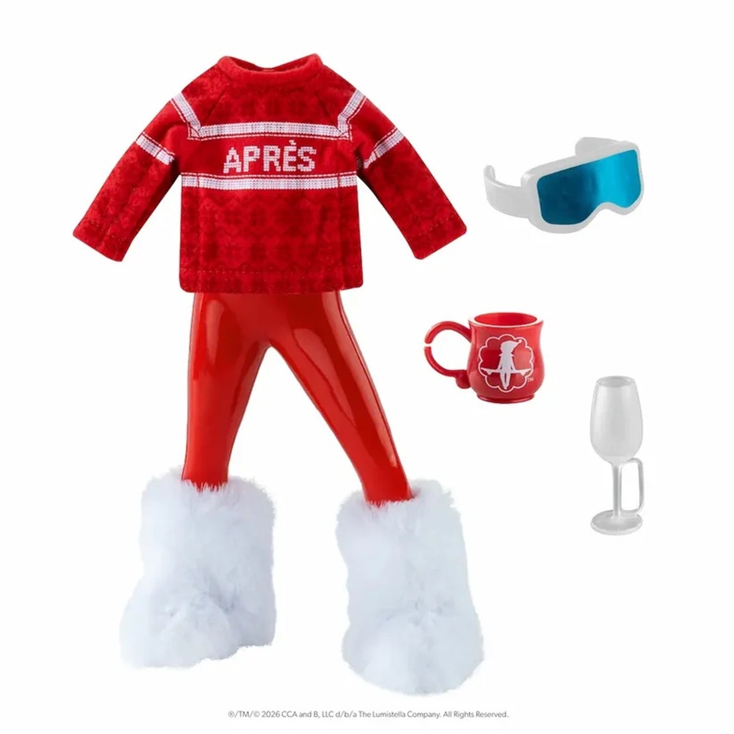 Red ski outfit with goggles, mug, and glass on a white background