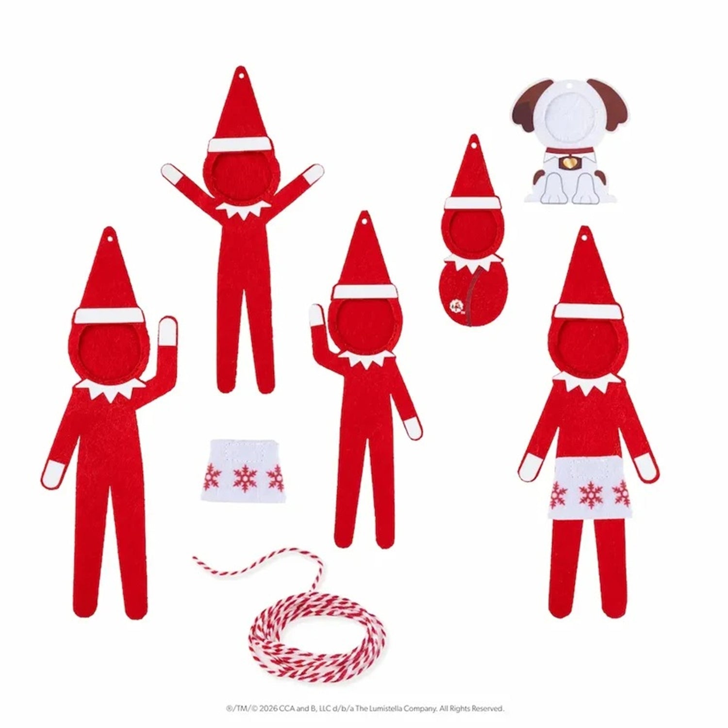 Felt Christmas elf and dog craft kit on a white background, including red and white elf pieces, a red-and-white rope, and a small dog piece.