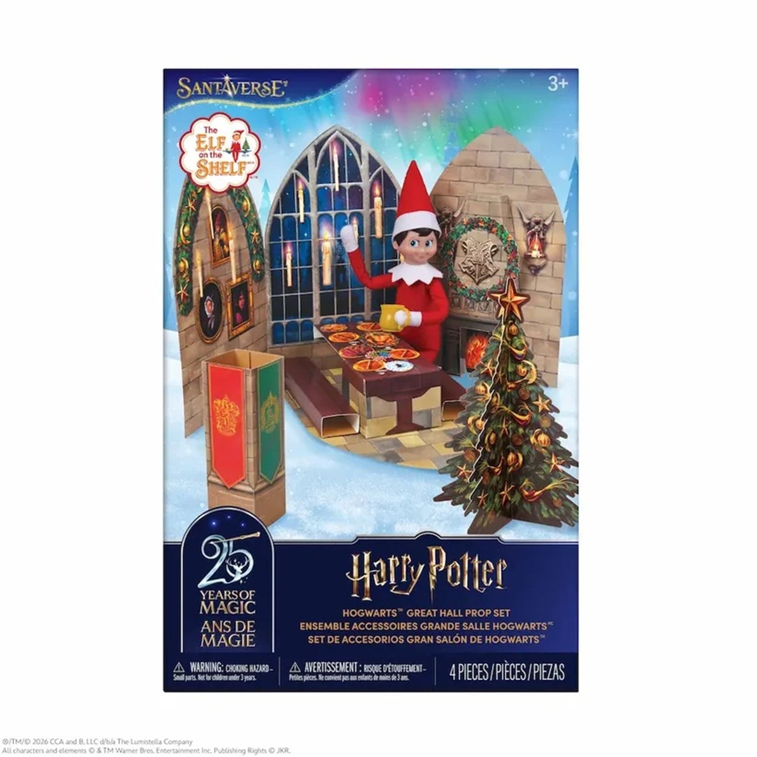 Harry Potter Christmas Elf Academy kit packaging, featuring a Santa-clad elf in a decorated stone hall with a Christmas tree, set against a dark blue box with Harry Potter branding and a 25 Years of Magic emblem.