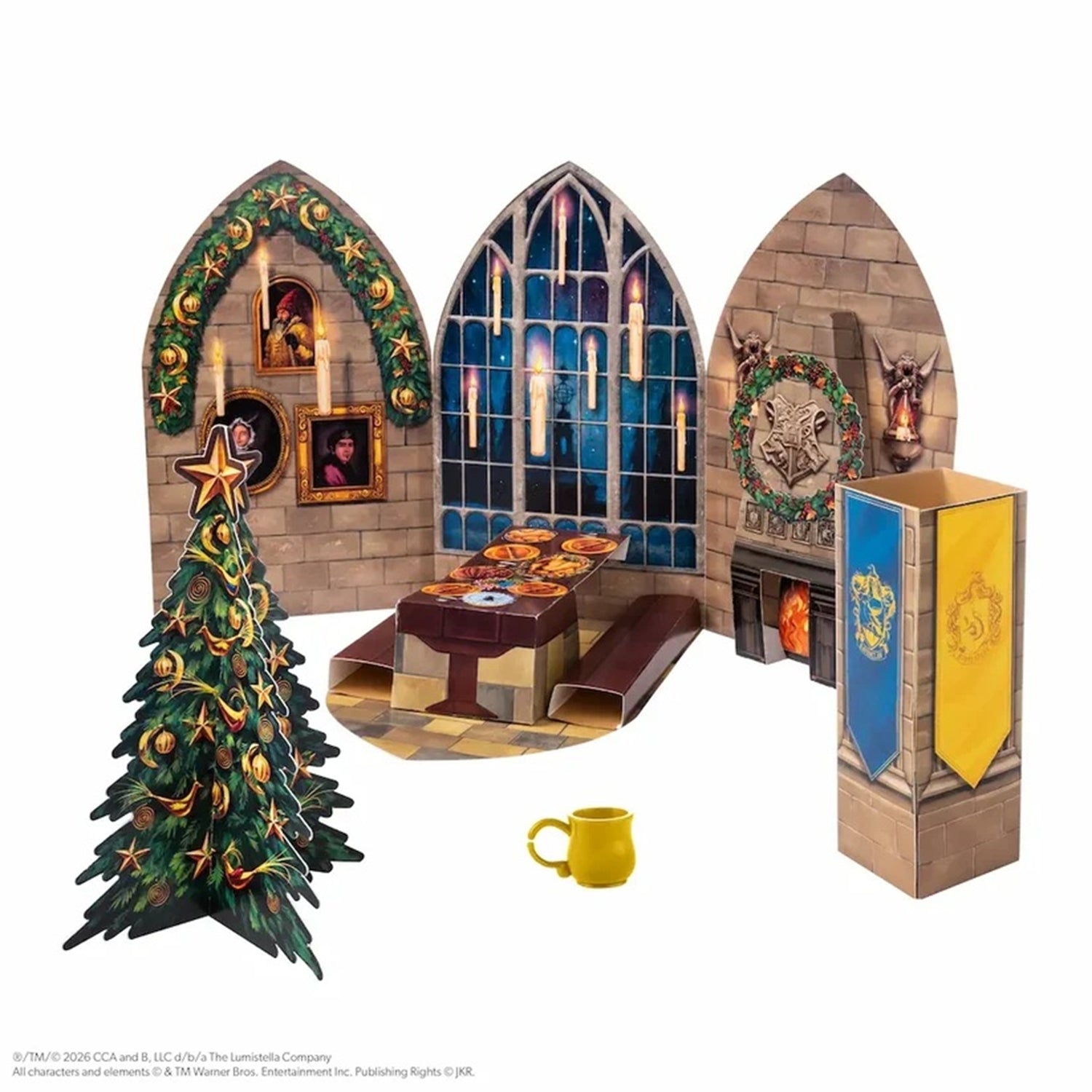 A Harry Potter themed Christmas advent calendar set featuring three arched doorways with Hogwarts-inspired decorations, a small Christmas tree, a table with cookies, a yellow mug, and a banner-topped box on a white background.