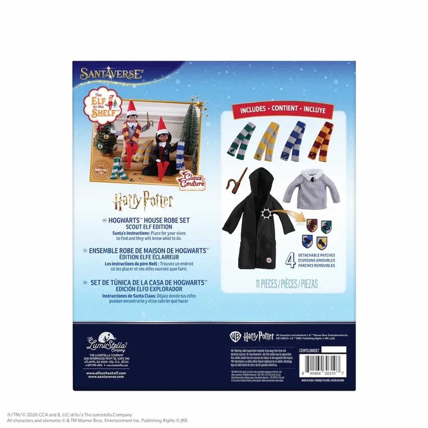 Santa Vespera's Hogwarts House Robe Set in French and English packaging, featuring a black robe with gold trim, matching scarves, a gray hoodie, and accessories.