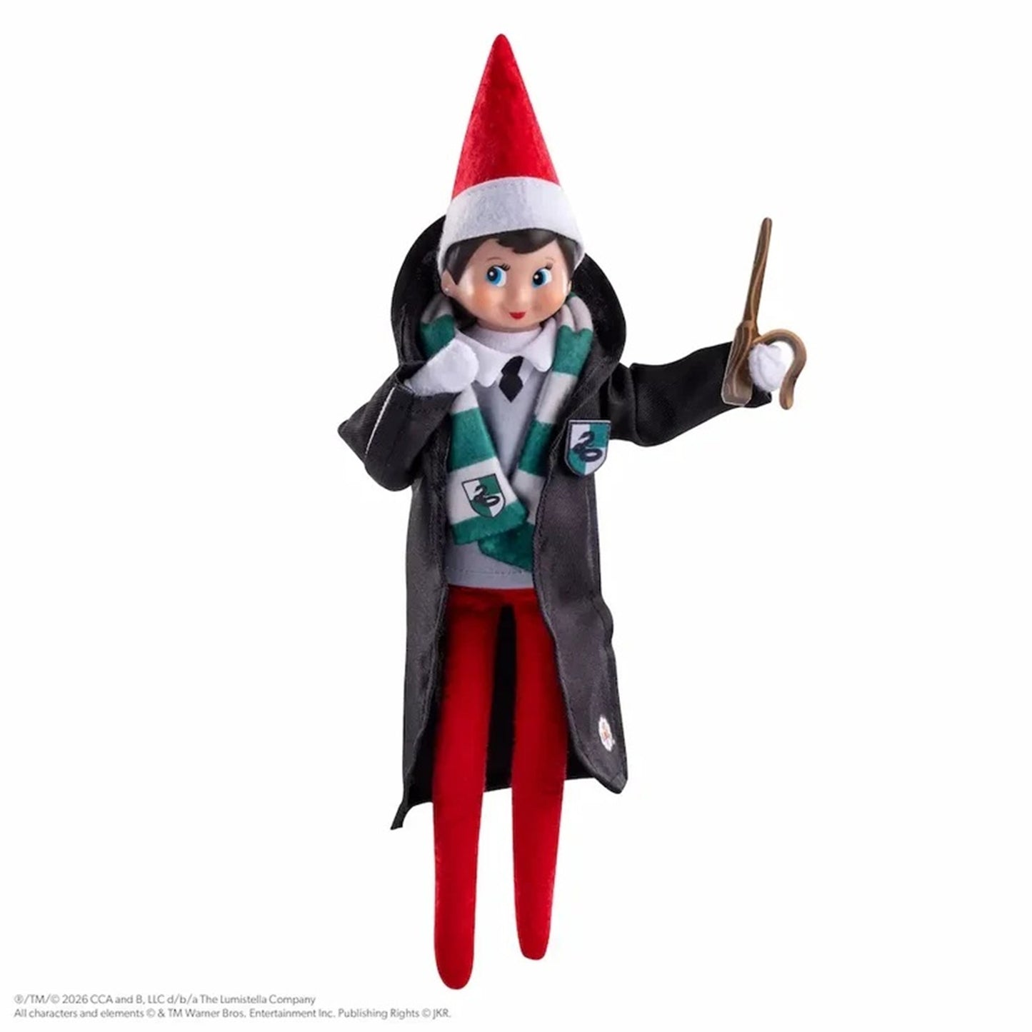 A plush Elf on the Shelf doll dressed as a wizard, featuring a red pointed hat, black coat, green and white striped scarf, gray shirt, red pants, and holding a wooden wand, shown against a plain white background.
