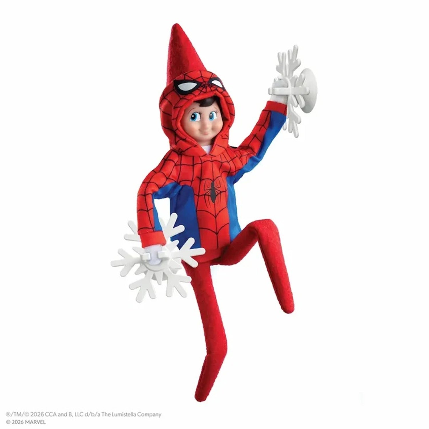A Spider-Man-themed plush doll or toy figure posed mid-leap against a plain white background, wearing a red and blue spider costume with white snowflake hands and a pointed red hood.
