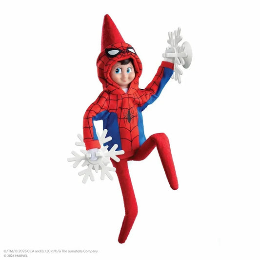 A Spider-Man-themed plush doll or toy figure posed mid-leap against a plain white background, wearing a red and blue spider costume with white snowflake hands and a pointed red hood.