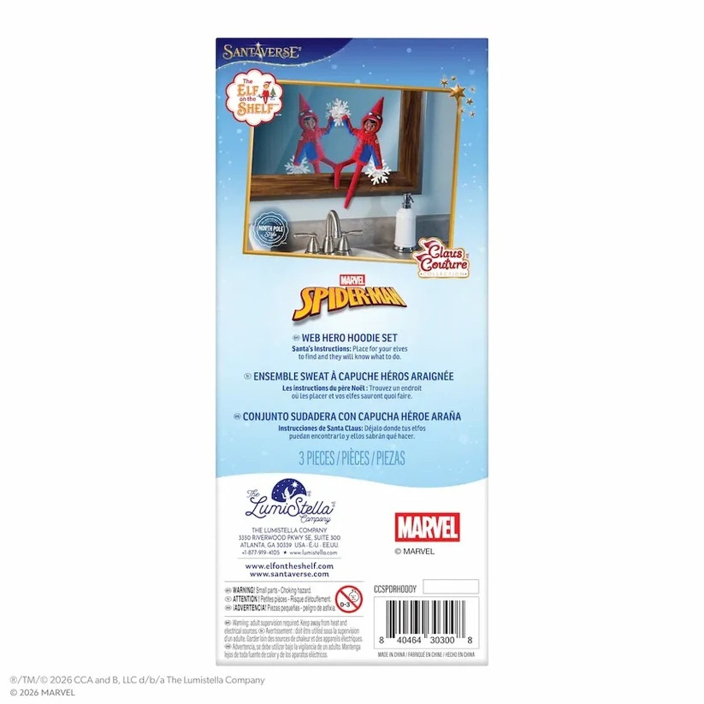 Back packaging of the Marvel Spider-Man Neb Hero Hoodie Set by La Lumillista Company, featuring product imagery, logos, and a barcode on a white background.