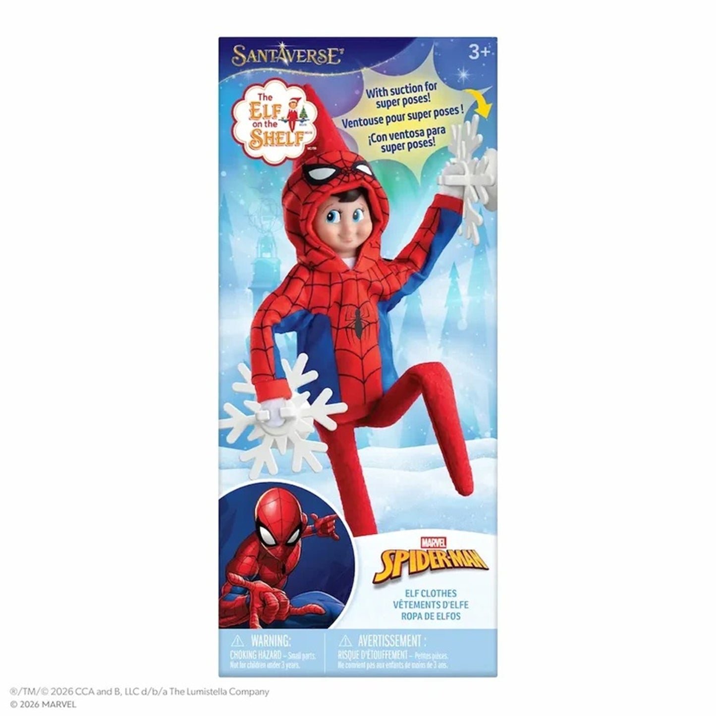 SantaVerse Marvel Spider-Man Elf Clothes on a Snowman figurine packaging, featuring a red and blue hooded elf suit with white snowflake details.