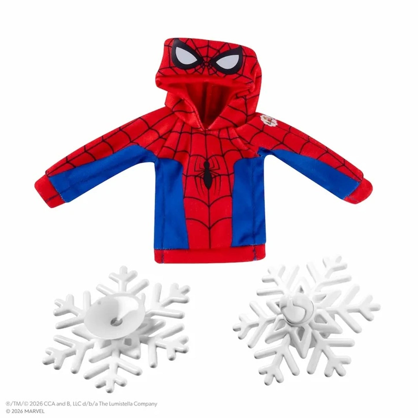 A red and blue Spider-Man themed hooded sweatshirt displayed on a white background, with two white snowflake-shaped accessories shown below it. The hoodie features Spider-Man's face on the hood, a black spider emblem on the chest, and web-like black line patterns across the red fabric.
