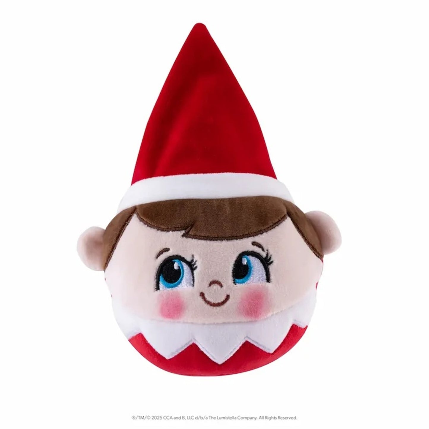 Elf on the Shelf plush toy head with a red pointed hat, brown hair, blue eyes, and a smiling face on a white background.