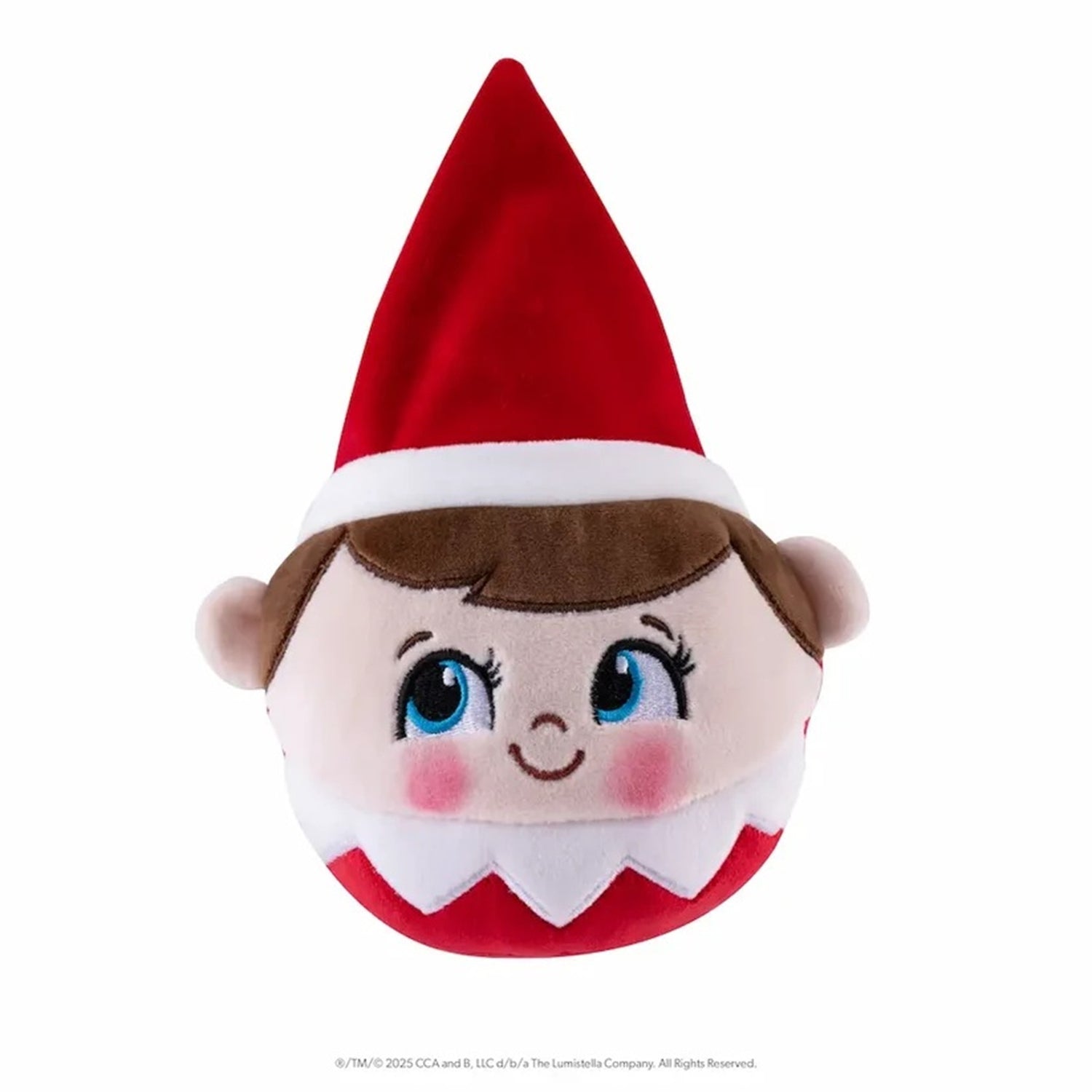 Elf on the Shelf plush toy head with a red pointed hat, brown hair, blue eyes, and a smiling face on a white background.