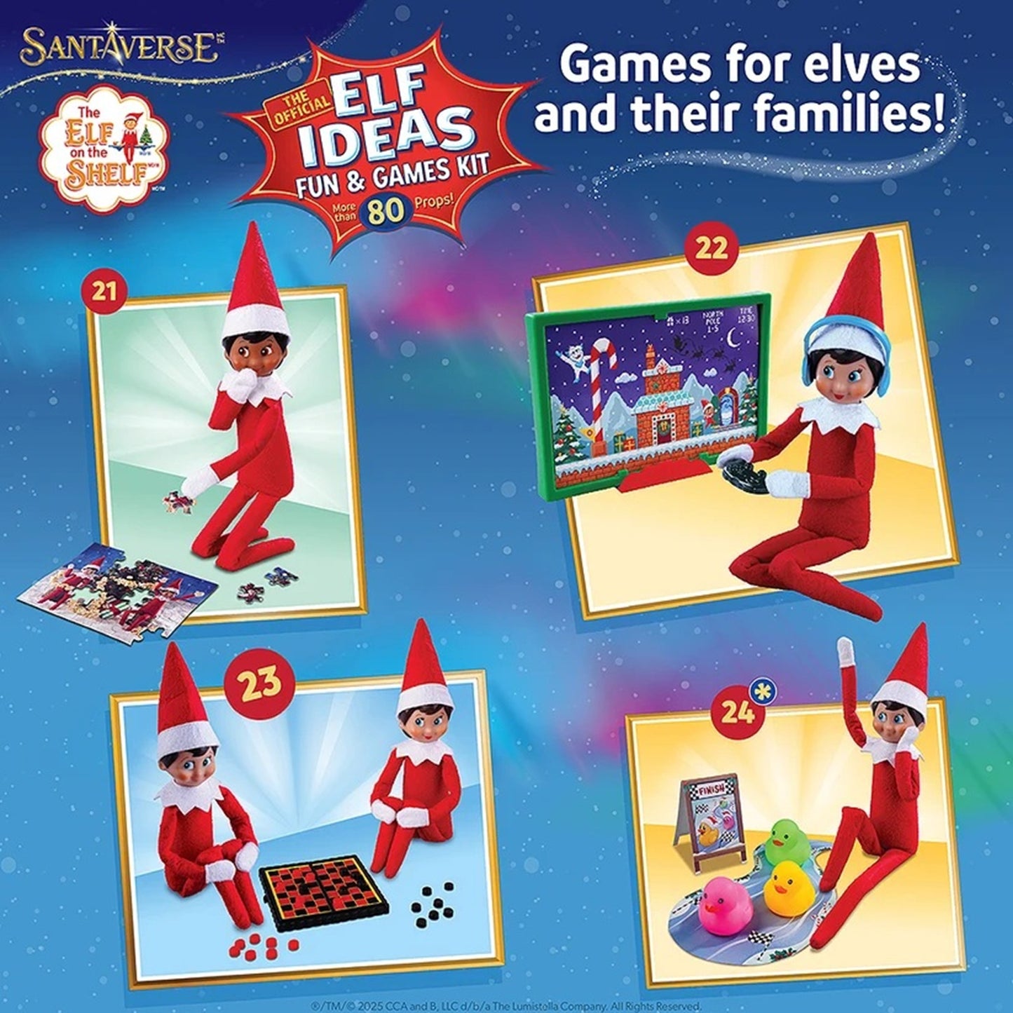 Santa's Workshop at The Elf and the Shelf 'Elf Ideas Fun & Games Kit' featuring four illustrated scenes of an elf in a red suit with holiday-themed activities on a blue starry background.