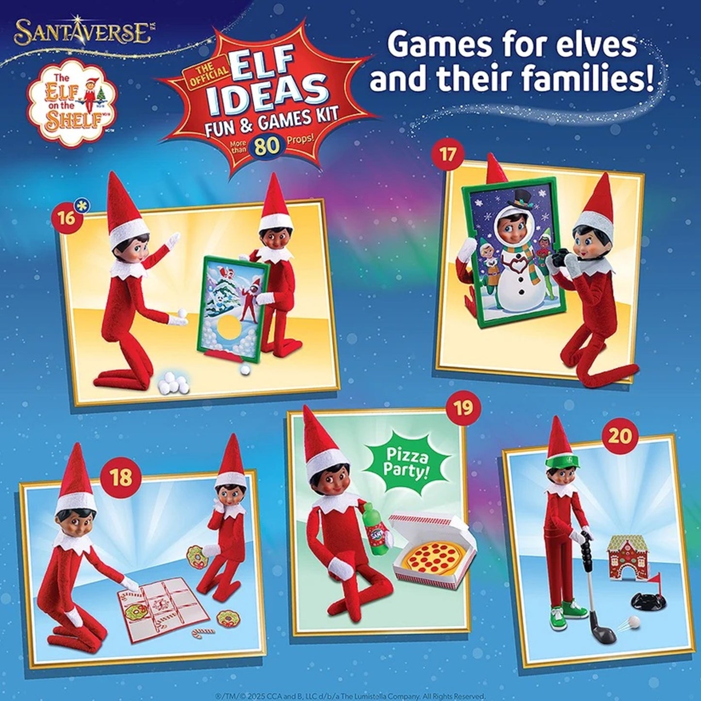 Santa's Workshop 'Elf Ideas' Fun & Games Kit packaging insert featuring 20 different elf-themed games, illustrated with elf figures in red and green outfits on a blue starry background.