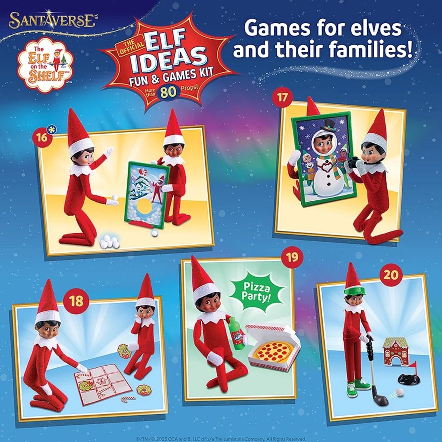 Santa's Workshop 'Elf Ideas' Fun & Games Kit packaging insert featuring 20 different elf-themed games, illustrated with elf figures in red and green outfits on a blue starry background.