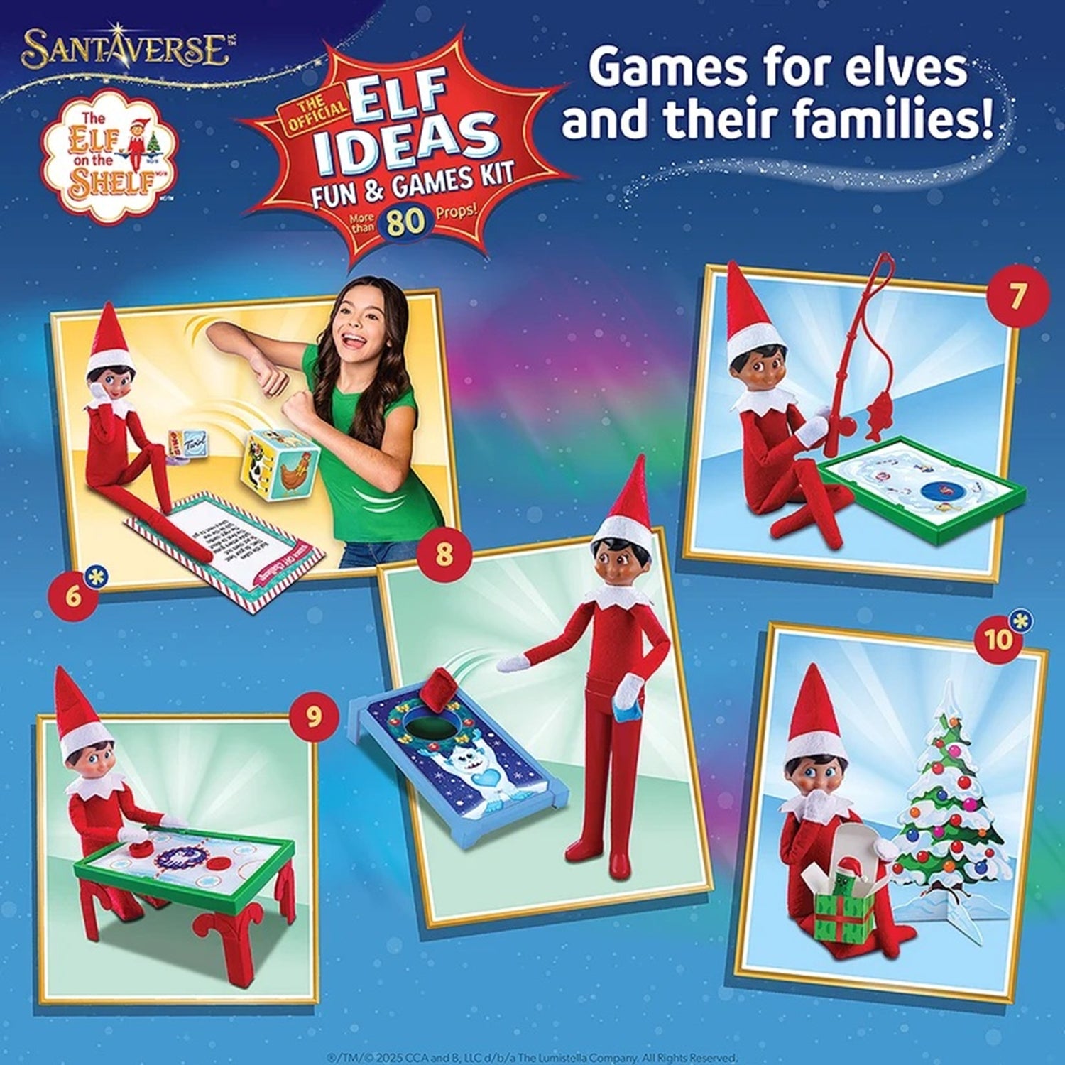Advertisement for 'Elf Ideas' fun and games kit featuring elves and activities on a blue background.