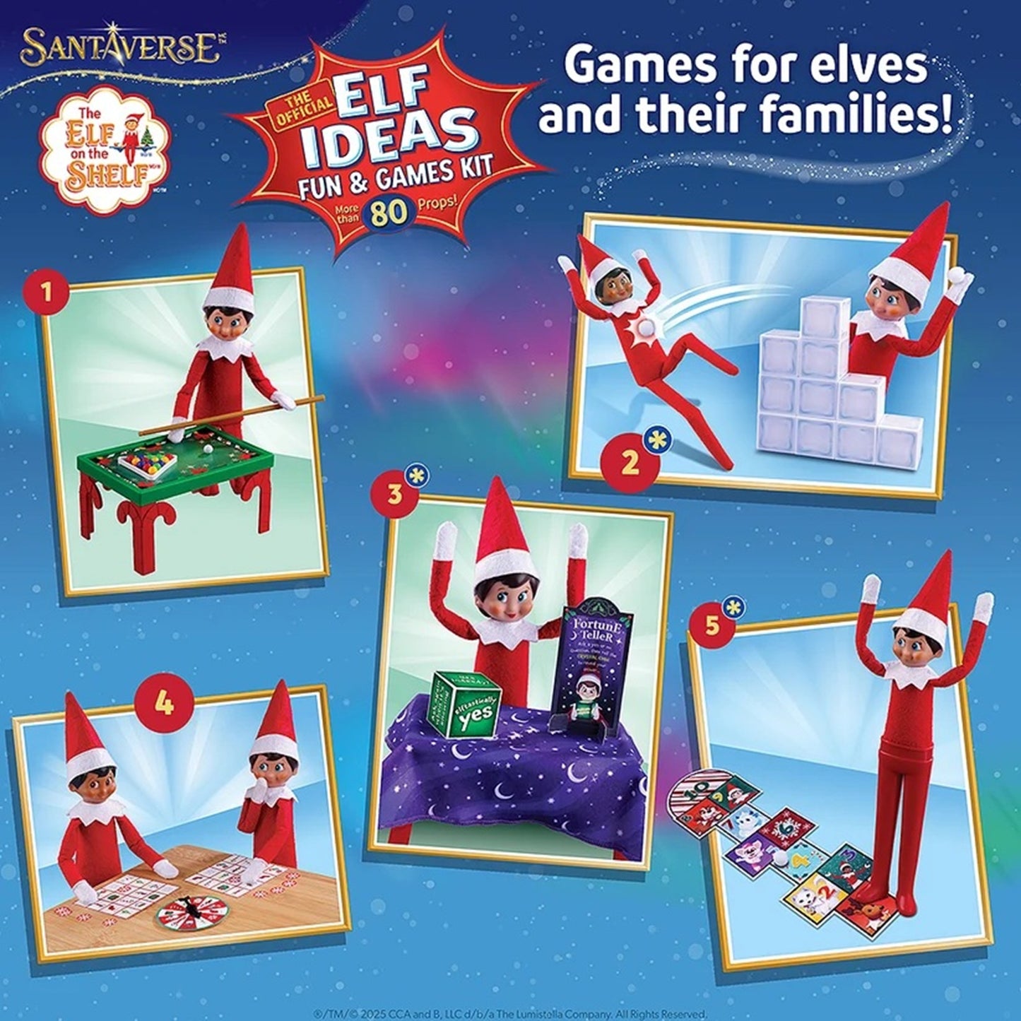 Advertisement for 'Elf on the Shelf' games and activities kit with elf figures and toys on a blue background.
