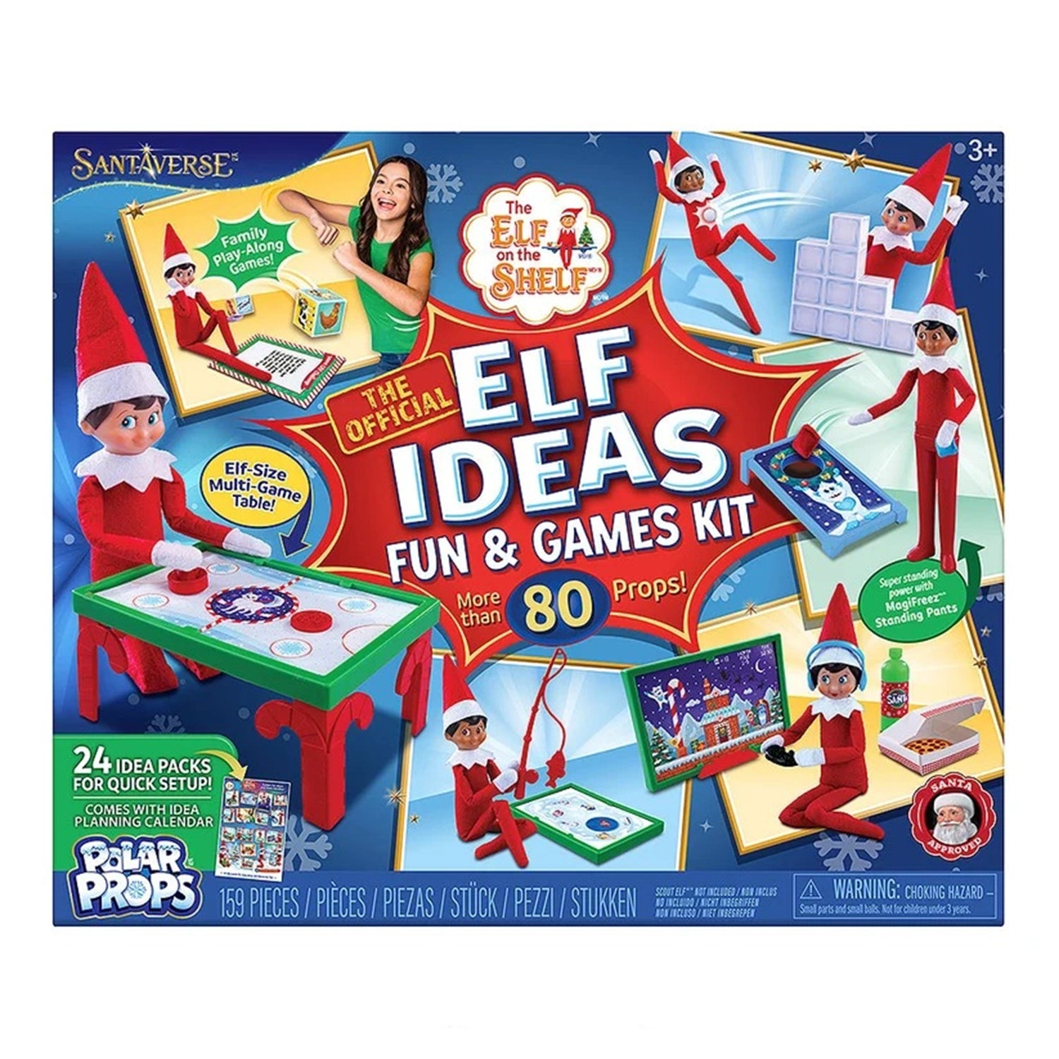 The Elf on the Shelf: The Official Elf Ideas Fun & Games Kit by Star Props, featuring a colorful box with illustrations of elf-themed activities and scenes.