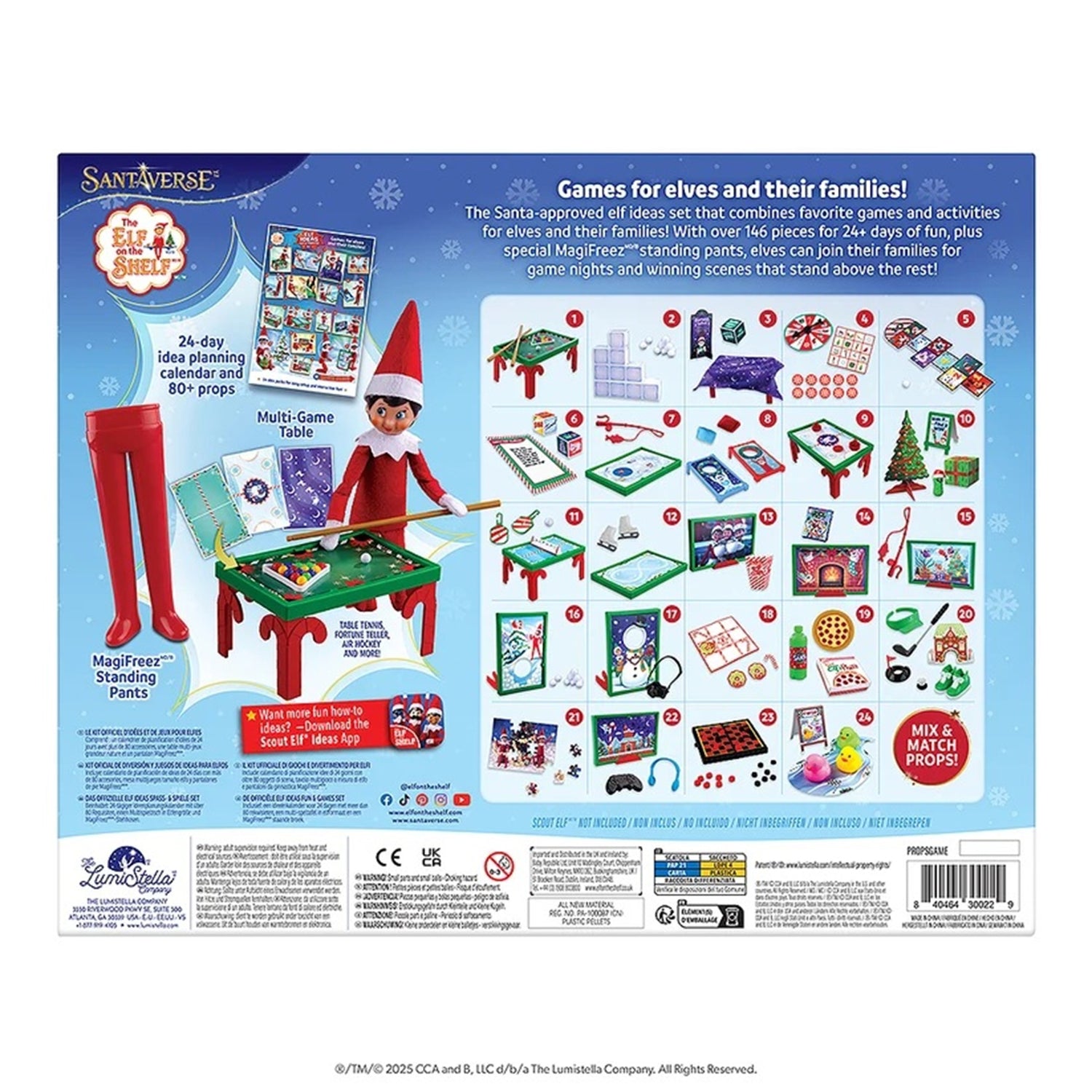 Back of a Santa's Elf Toys box showing product contents, features, and instructions on a light gray background.