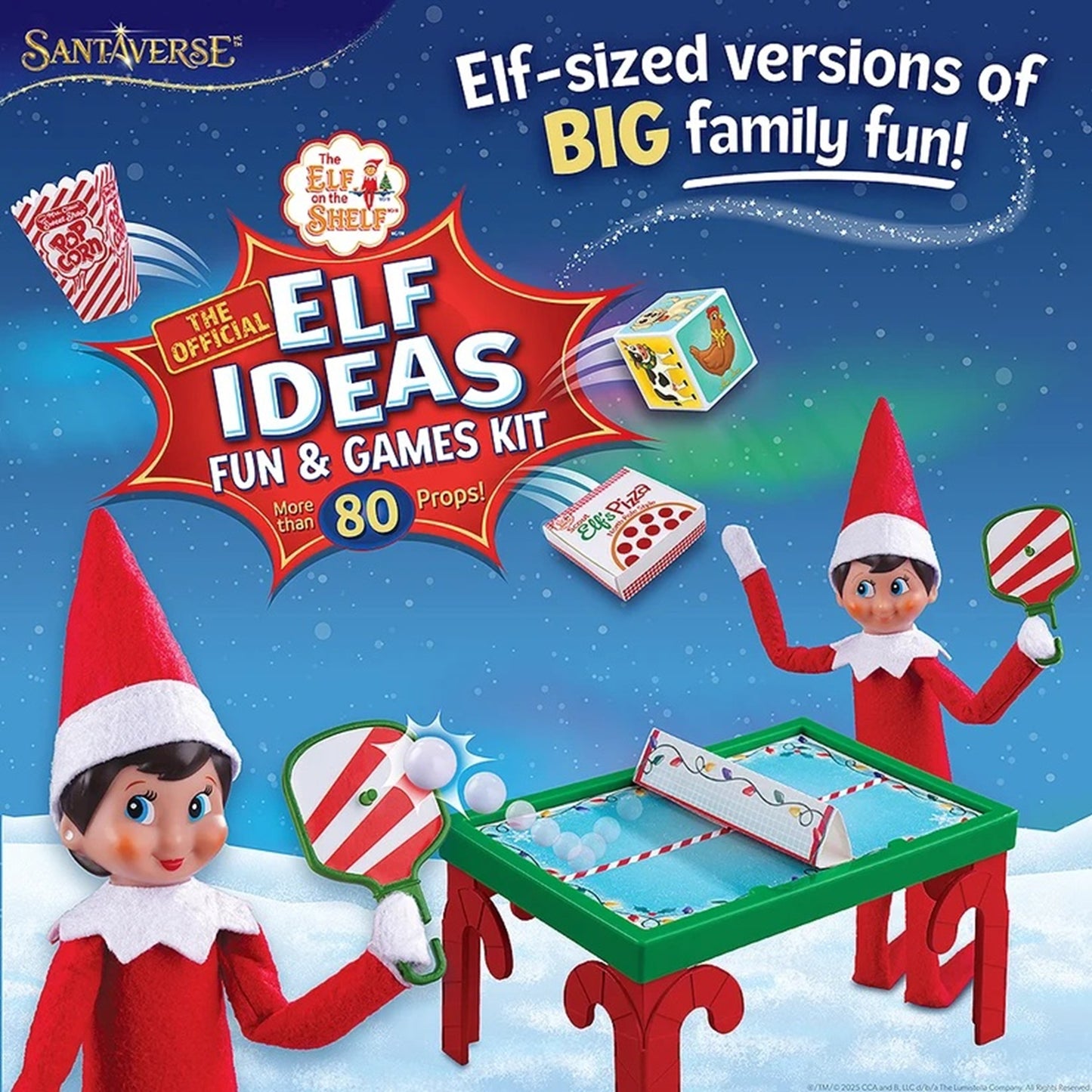 Elf Ideas Fun & Games Kit with two elves playing games on a blue snowy background