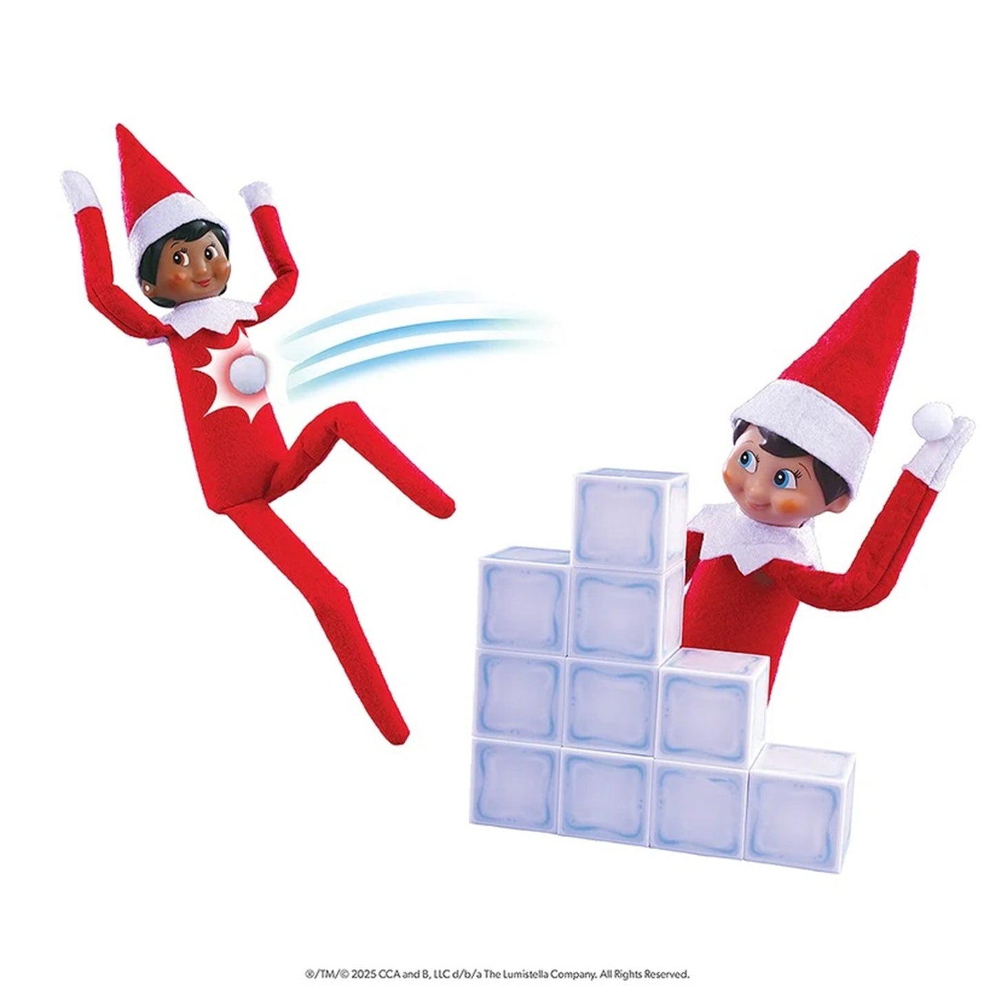 Two red and white Elf on the Shelf dolls on a plain white background, one floating and one standing behind a stack of translucent ice blocks.