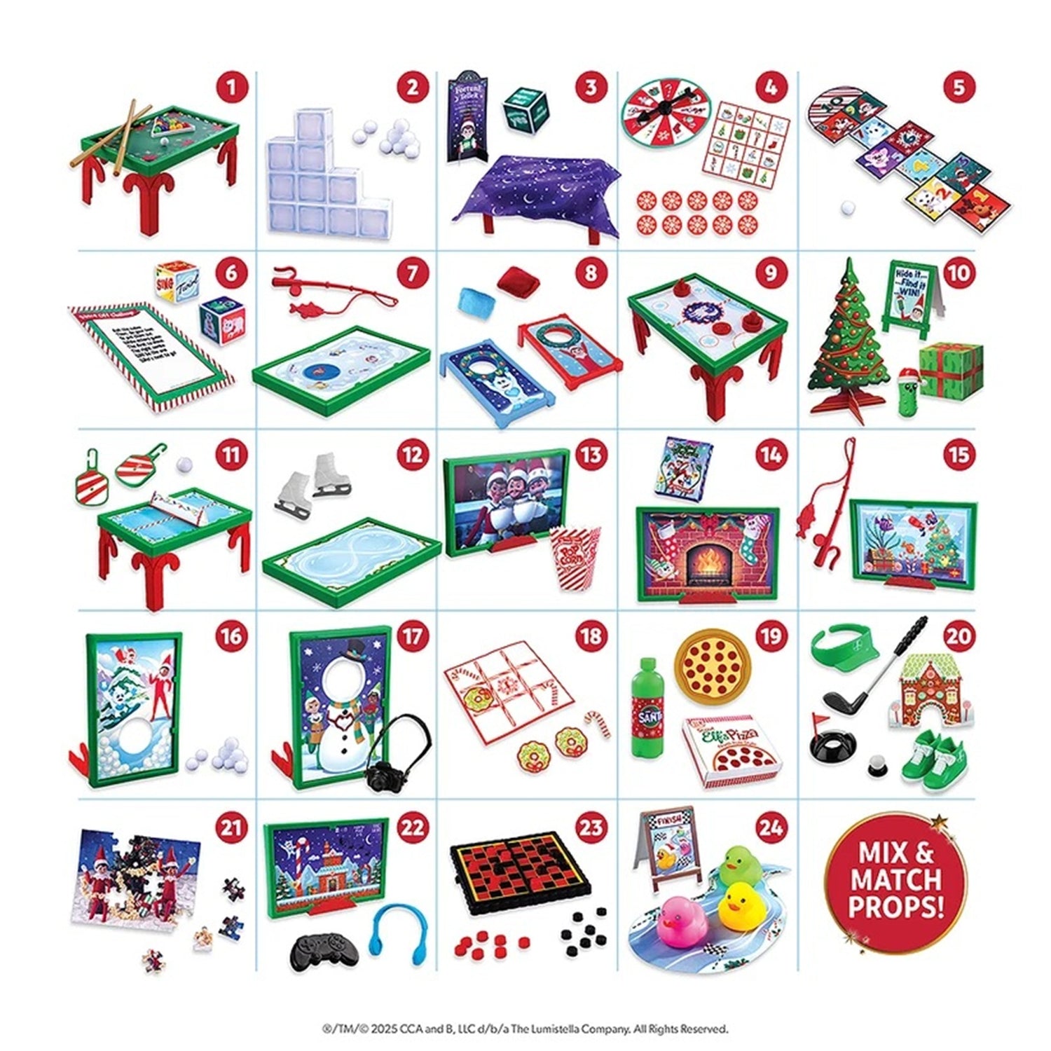 A numbered collage of 24 Christmas-themed toy games and match props on a white background, with a red circle reading 'MIX & MATCH PROPS!'. Items include mini tables, holiday games, snowman and Santa board games, candy canes, ornaments, and festive accessories.