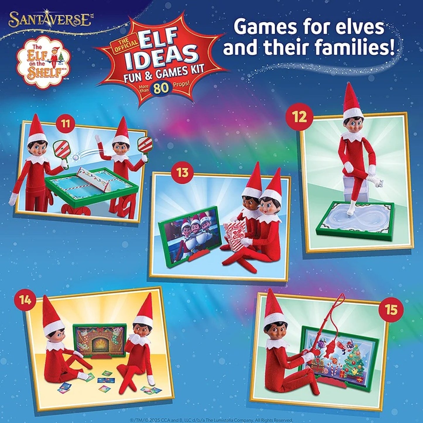 Santa's Workshop 'The Elf on the Shelf' 'Elf Ideas Fun & Games Kit' promotional graphic showing five illustrated scenes of elves playing holiday games on a blue starry background with the text 'Games for elves and their families!'.