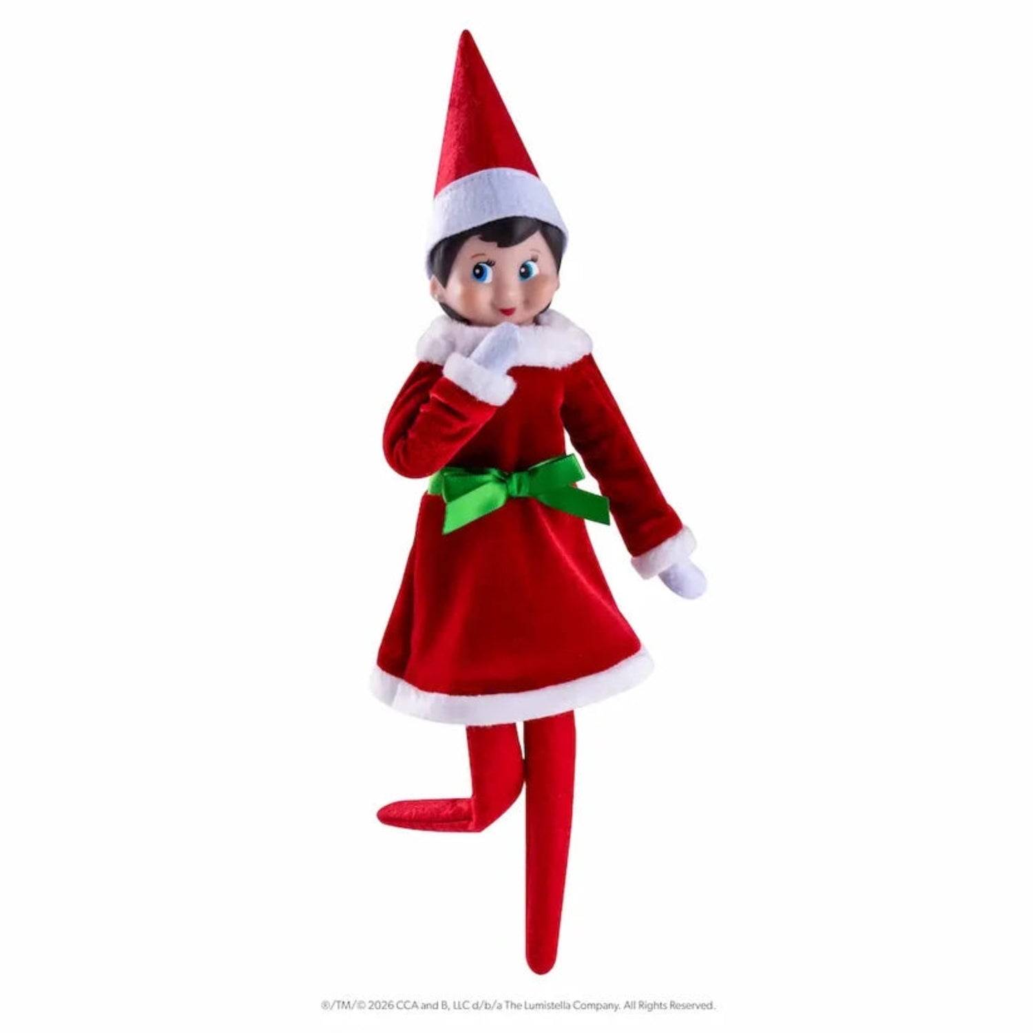 Elf on the Shelf doll in red outfit with green bow on a white background