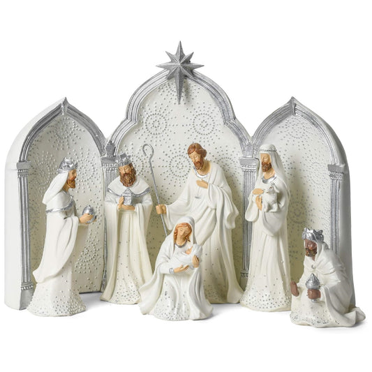 Nativity Silver Dot White Triptych Backdrop 9 Piece Set