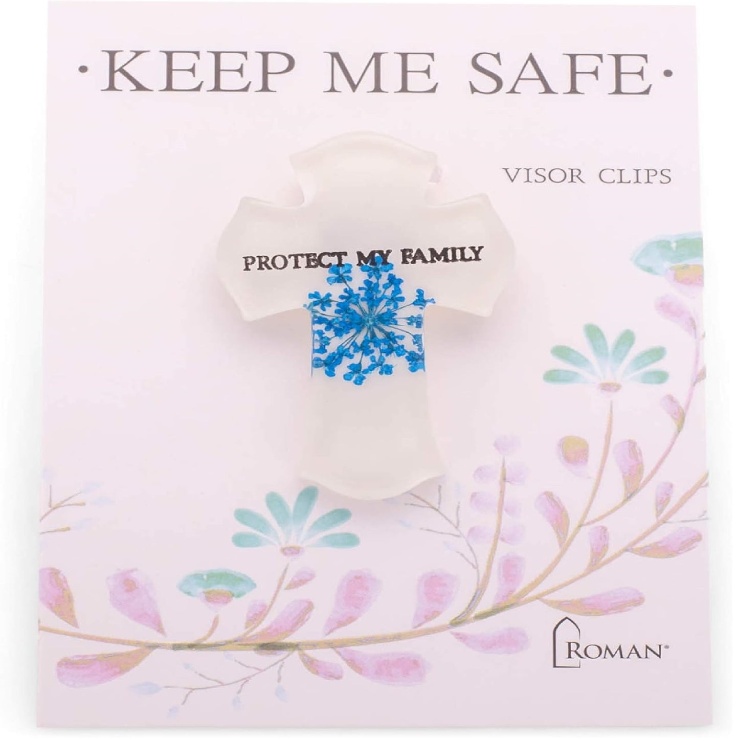 Roman Blue Flower Protect My Family Cross Visor Clip