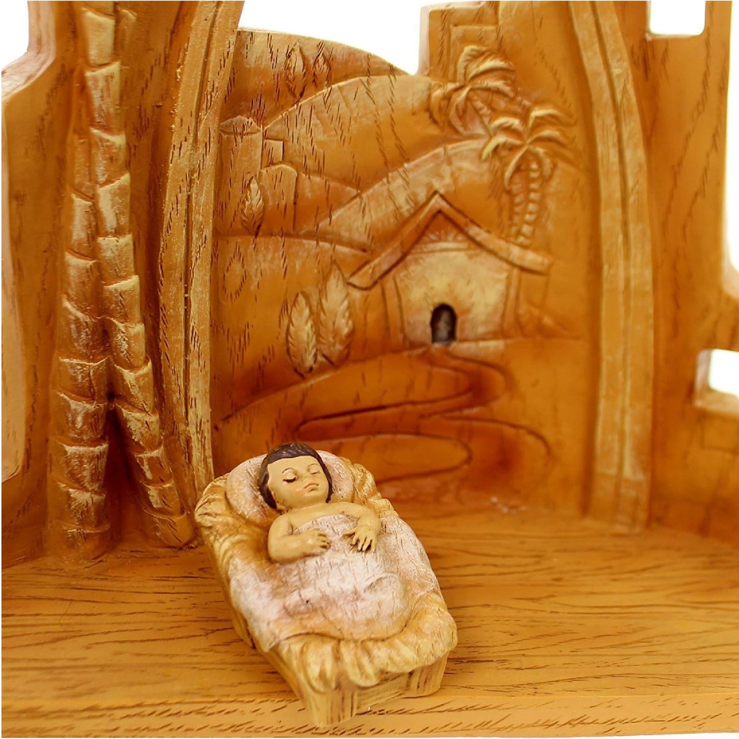 Roman 9pc Set Carved Nativity Scene Back Drop Faux Wood Grain