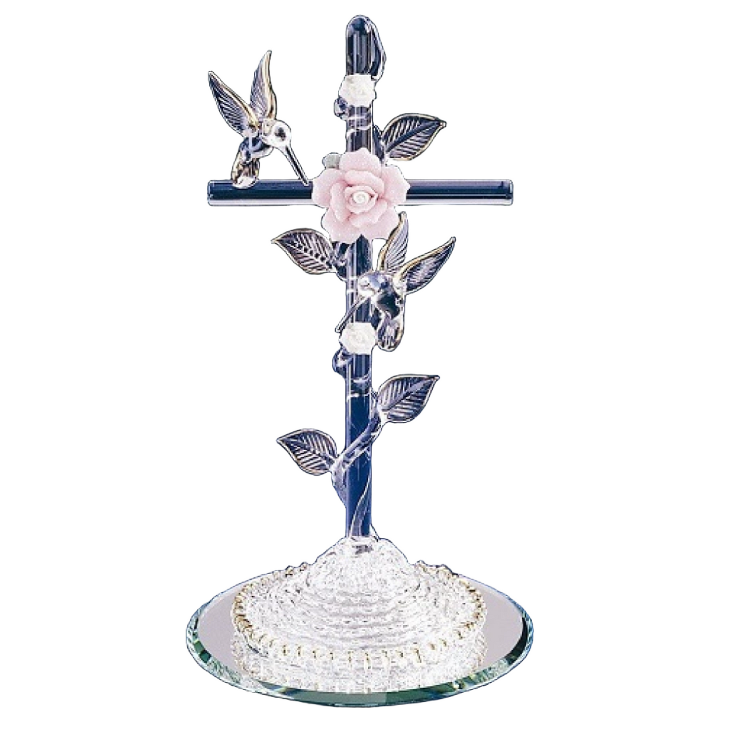 Glass Baron Cross with Pink Rose and Hummingbirds figurine