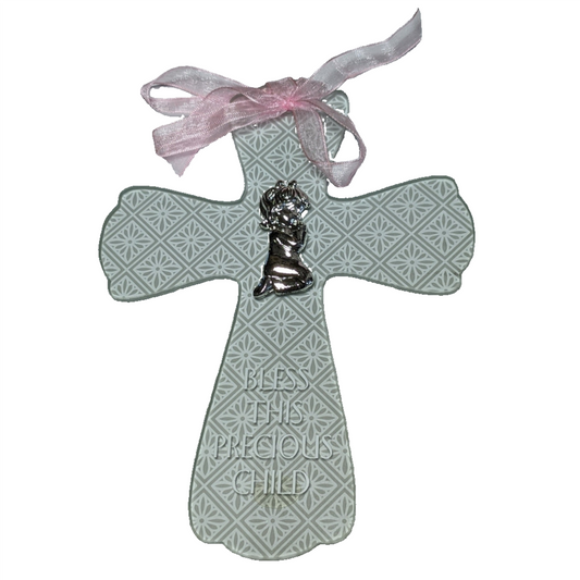 Glass Girl Baby Cross "Bless This Precious Child"