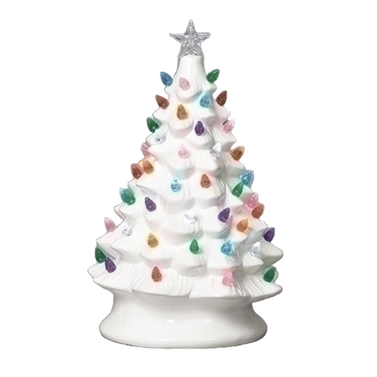 Roman 8" Ceramic Vintage White Christmas Tree with Colorful LED Bulbs