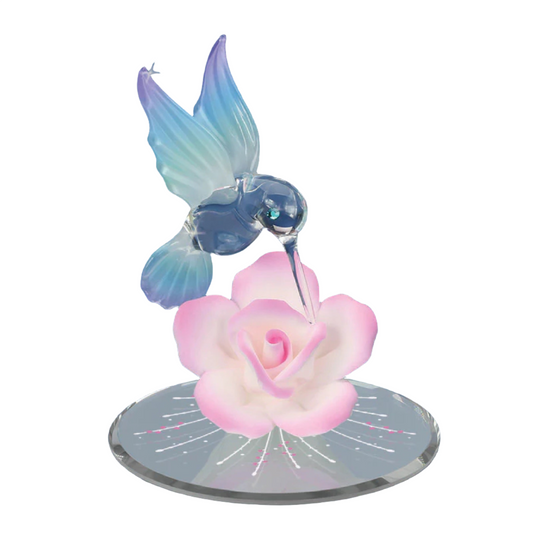 Glass Baron Hummingbird With Pink Rose Figure