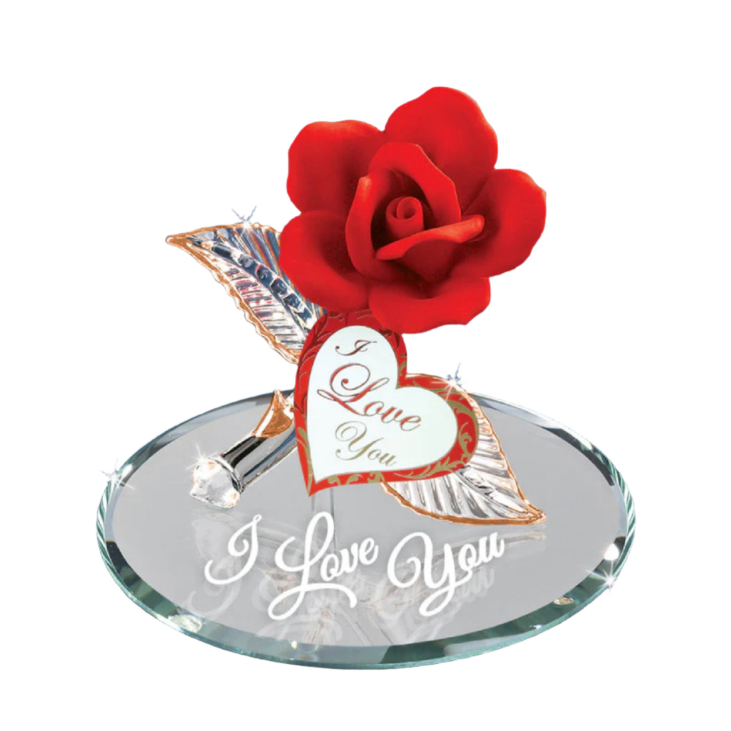 Glass Baron "I Love You" Red Rose on Mirror Figurine