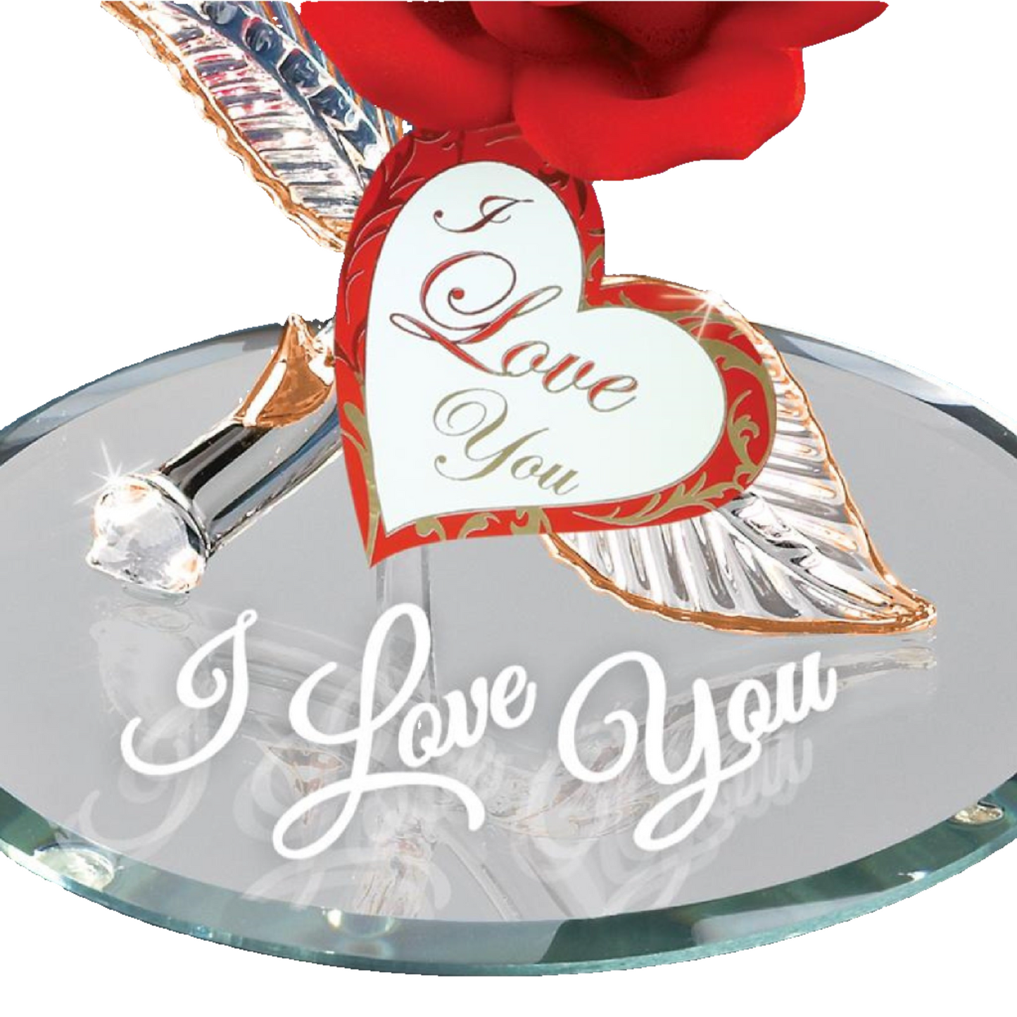 Glass Baron "I Love You" Red Rose on Mirror Figurine