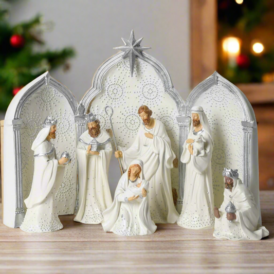 Nativity Silver Dot White Triptych Backdrop 9 Piece Set