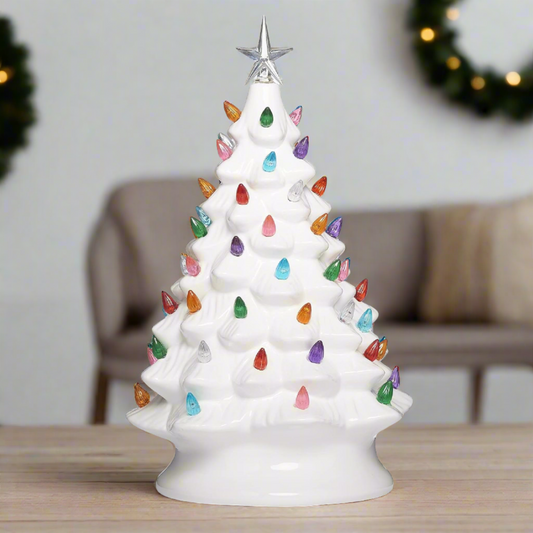 Roman 13.5" Ceramic Vintage White Christmas Tree with Colorful LED Bulbs