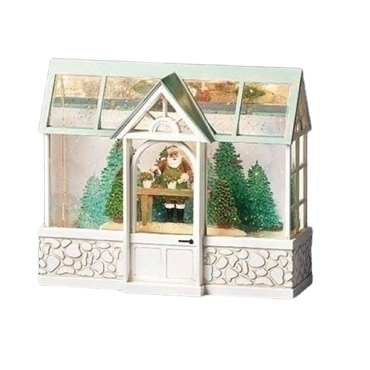 Roman LED Swirl Green House Santa Trees and Cardinals