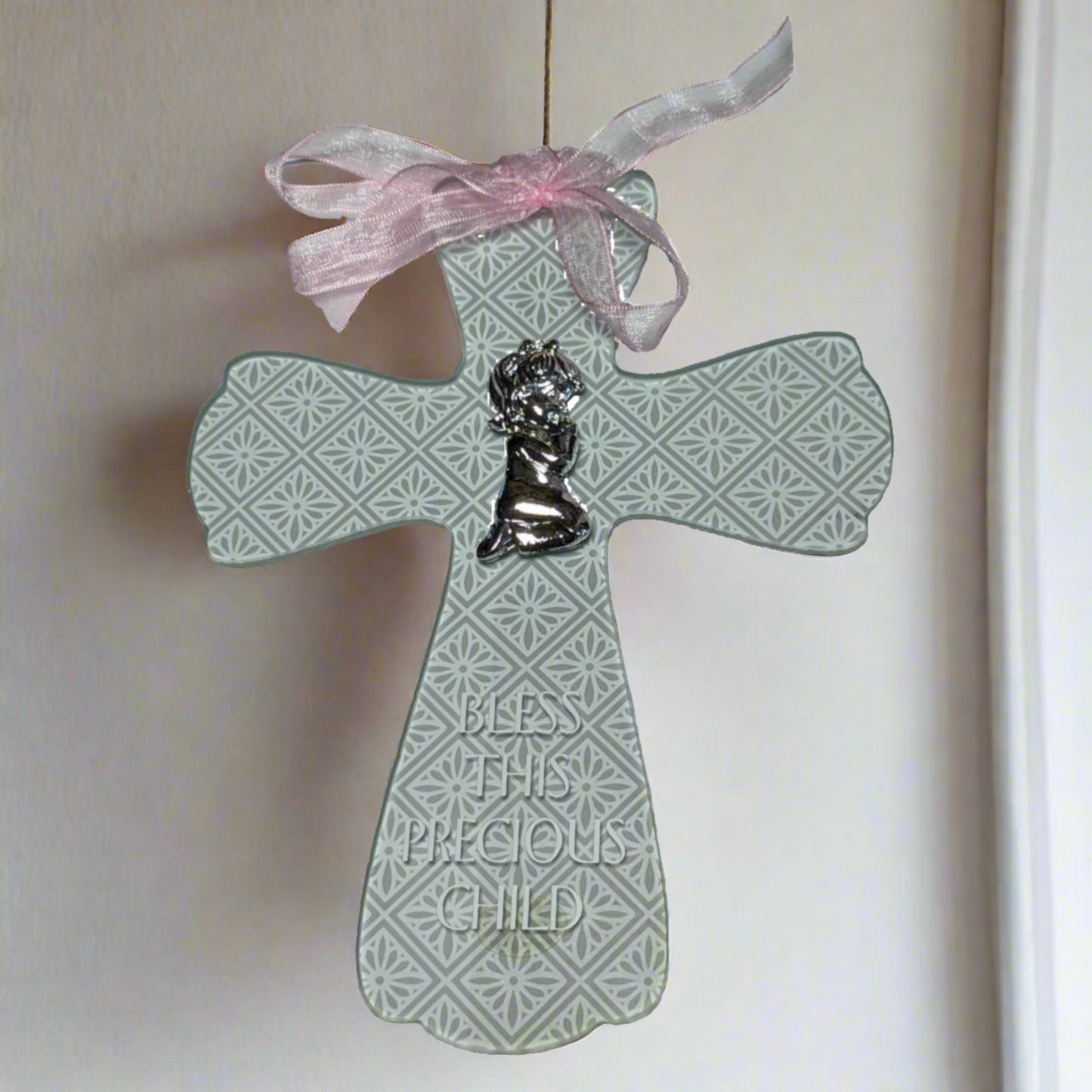 Glass Girl Baby Cross "Bless This Precious Child"